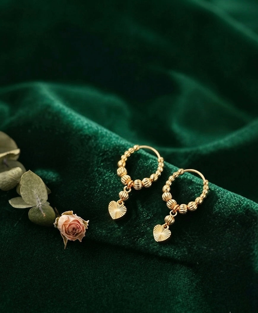 Premium Artificial Gold Heart Dangle Hoop Earrings