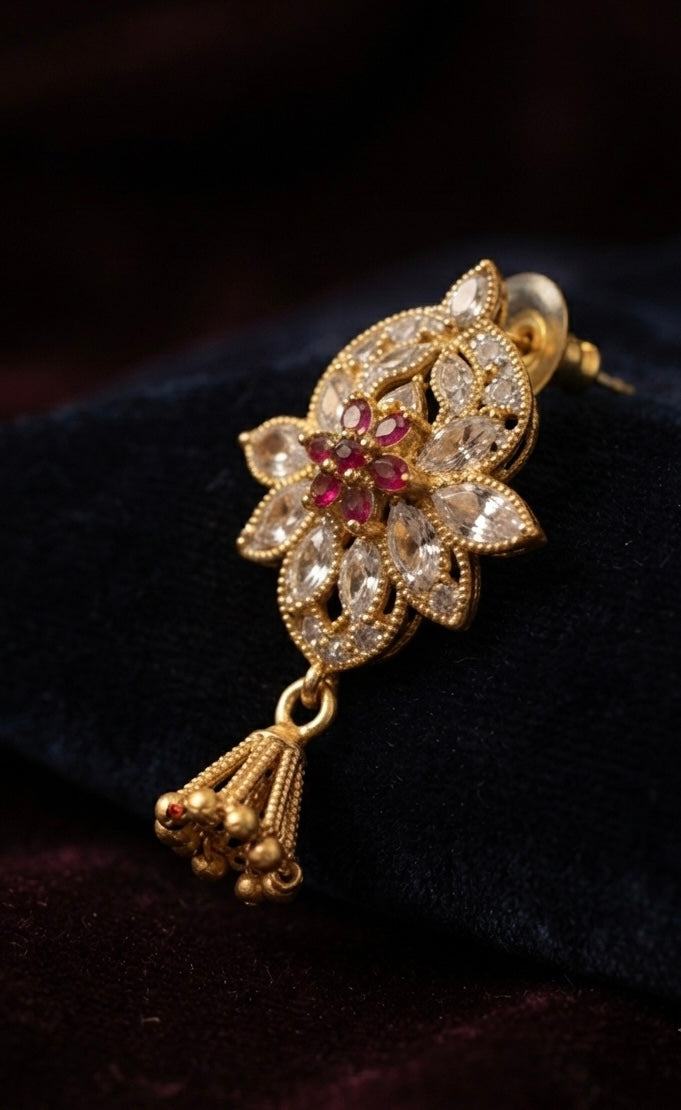 Artifical Gold Plated Floral CZ Stone Dangle Earrings