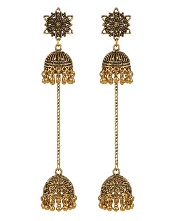 Royal Antique Gold-Plated Double Layer Jhumka Earrings