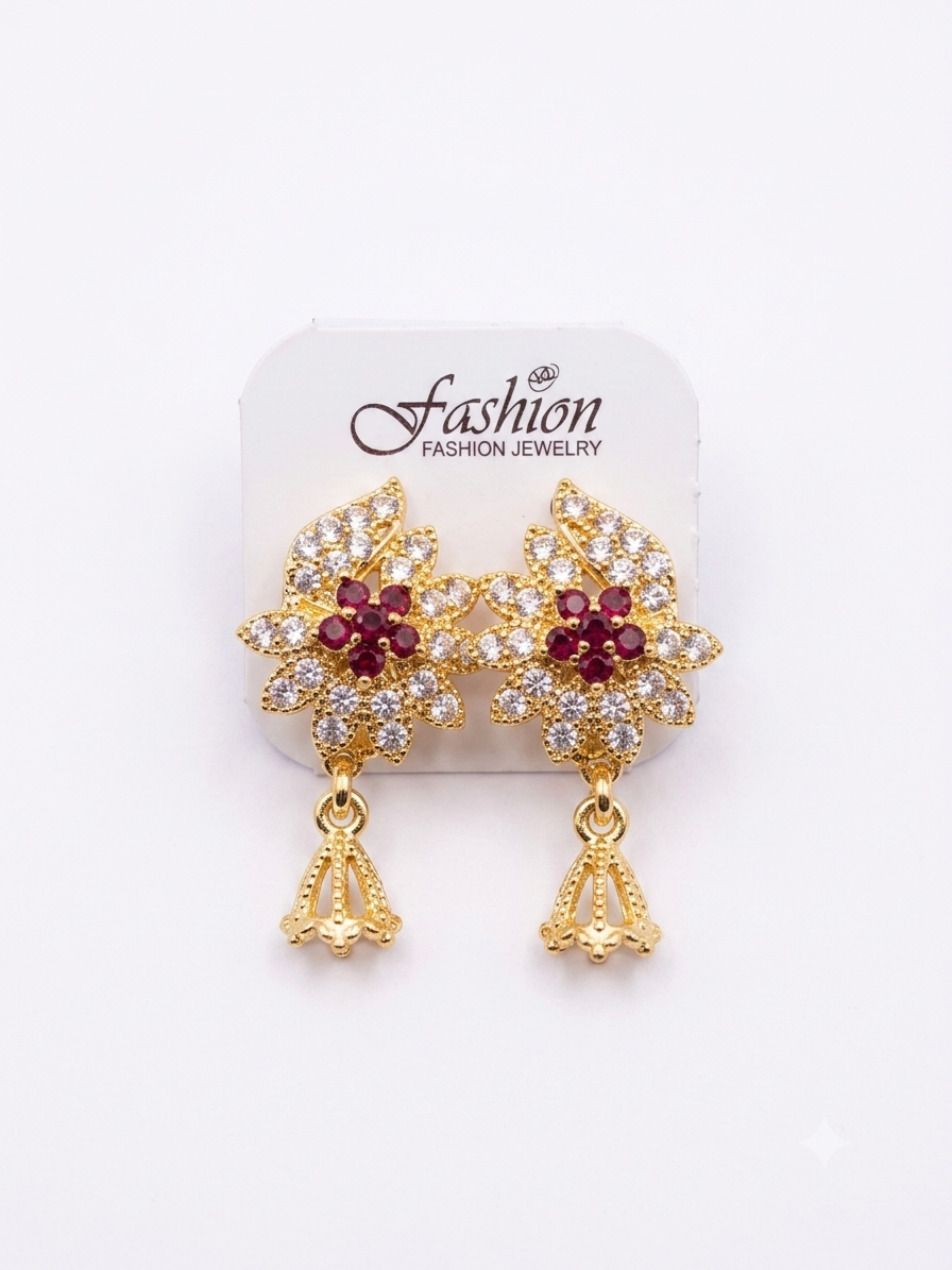 Artifical Gold Plated Floral CZ Stone Dangle Earrings