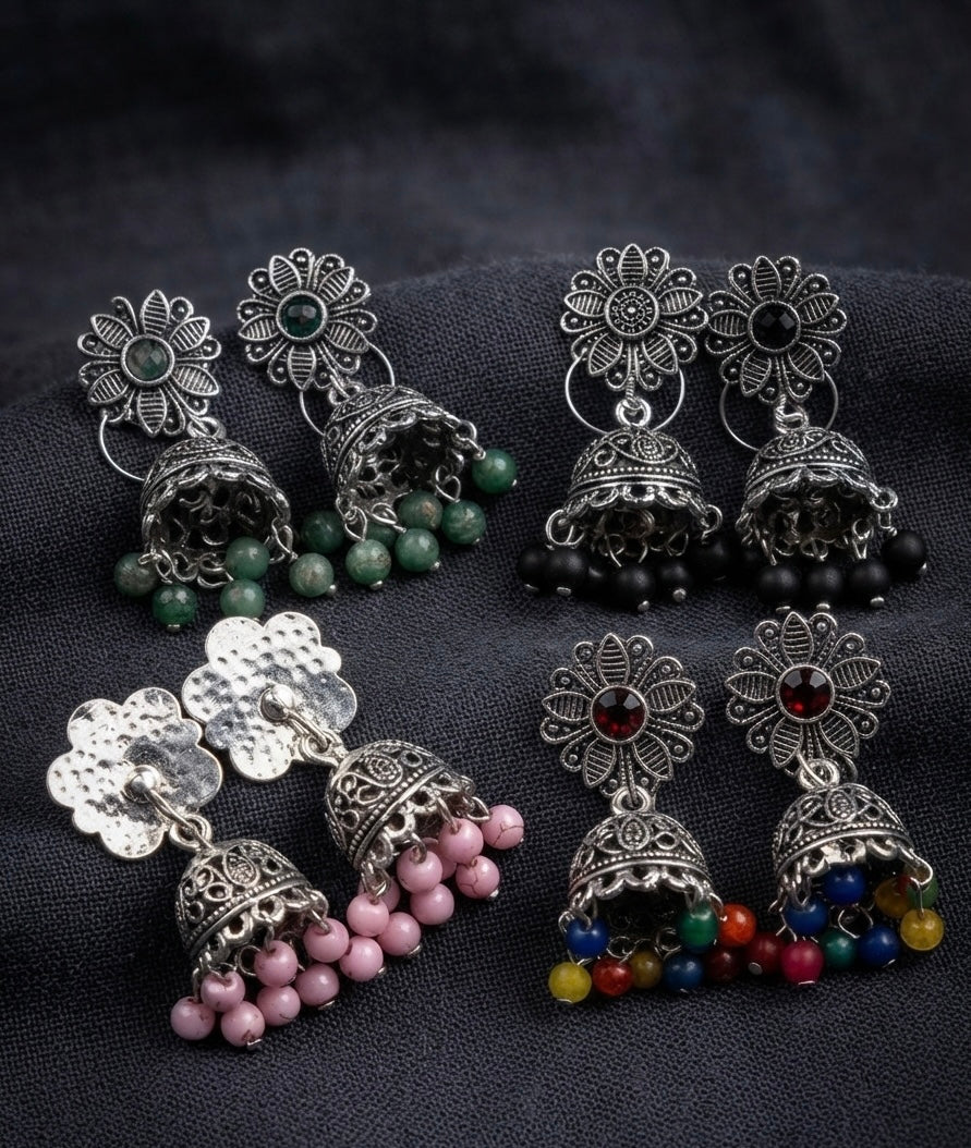 Traditional Oxidized Silver Flower Design Jhumkas with Different Colorful Beaded Hangings