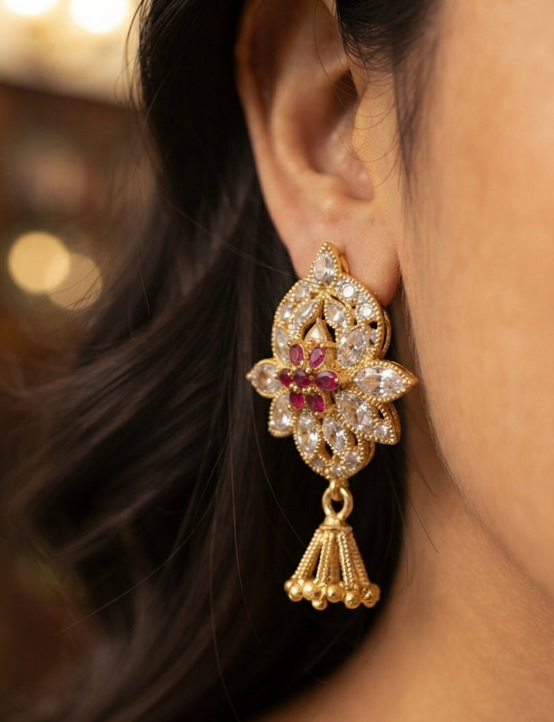 Artifical Gold Plated Floral CZ Stone Dangle Earrings