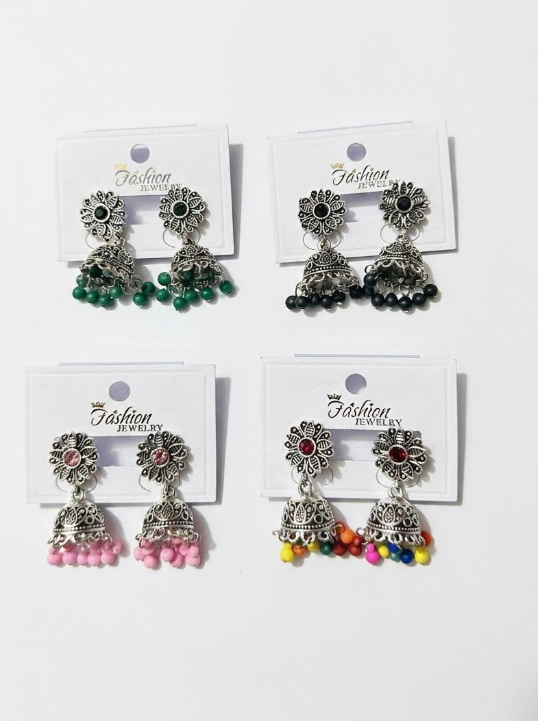 Traditional Oxidized Silver Flower Design Jhumkas with Different Colorful Beaded Hangings