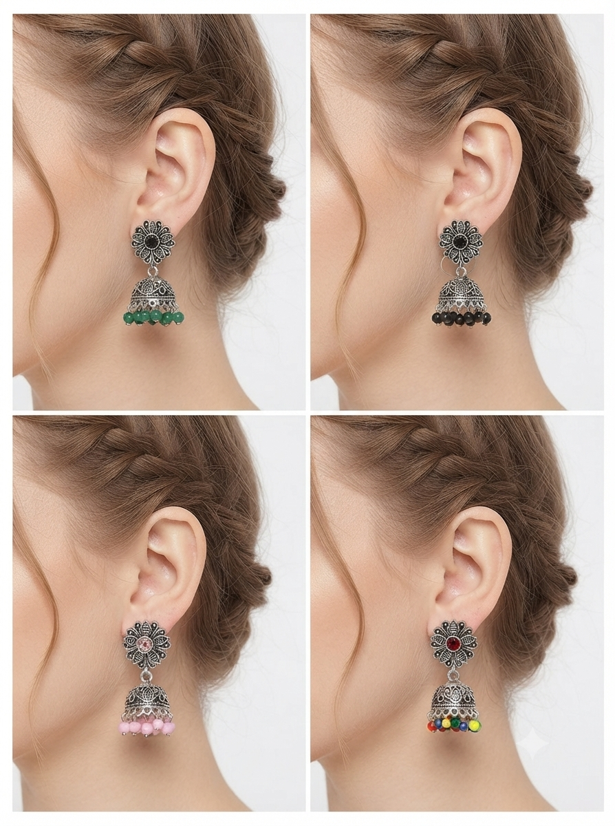 Traditional Oxidized Silver Flower Design Jhumkas with Different Colorful Beaded Hangings
