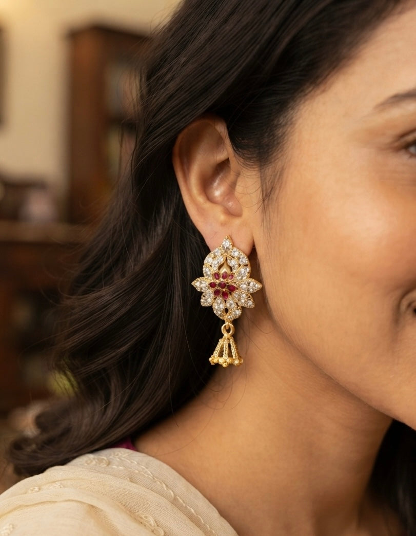 Artifical Gold Plated Floral CZ Stone Dangle Earrings