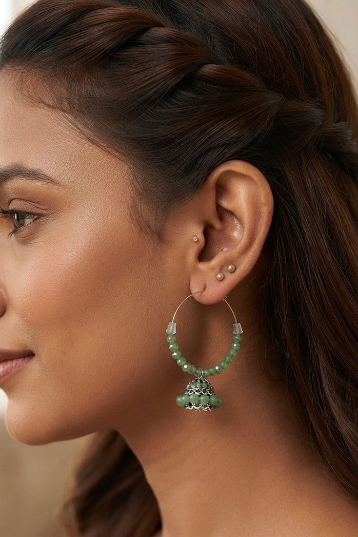 Elegant Green Beaded Hoop Jhumka Earrings
