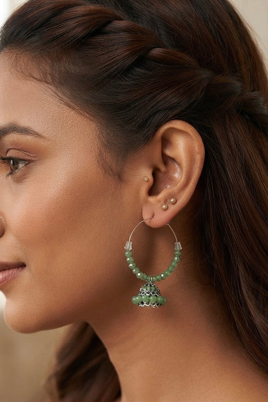 Elegant Green Beaded Hoop Jhumka Earrings